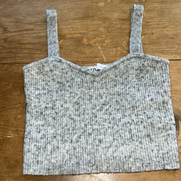 Zara Women's Grey Wool and Camel Blend Ribbed Knit Cropped Tank Top Small - Picture 1 of 5